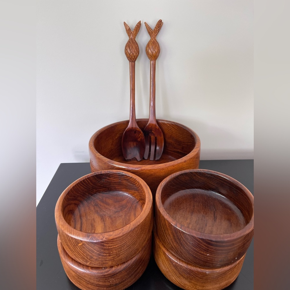 Vintage Mid-Century Dolphin Teak Salad Bowl Set Pineapple Handles